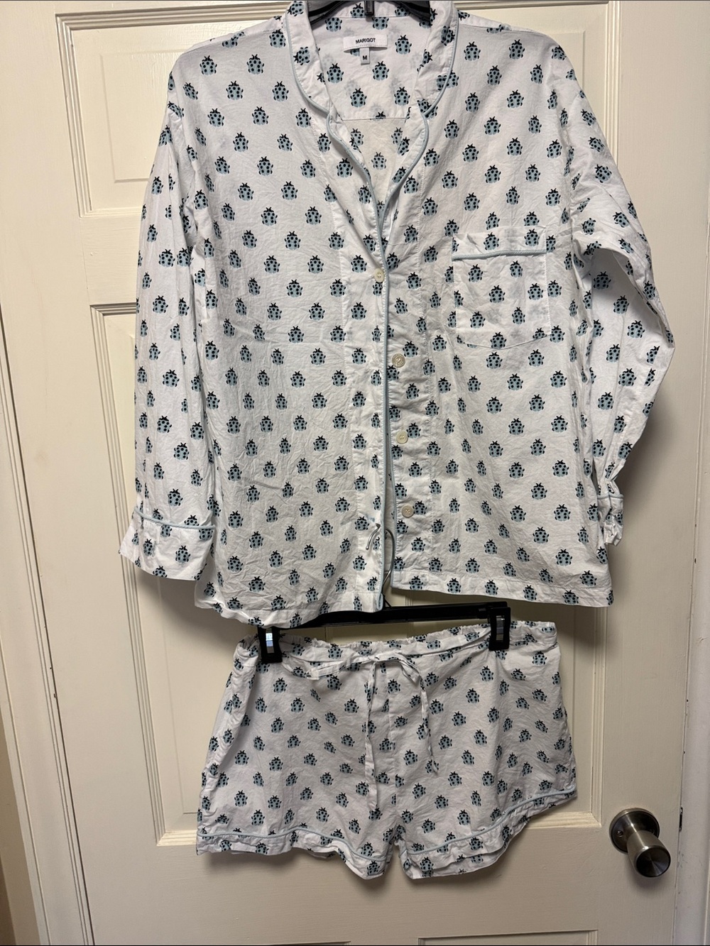 Marigot White and Blue Ladybug Two-Piece Women's Pajama Set